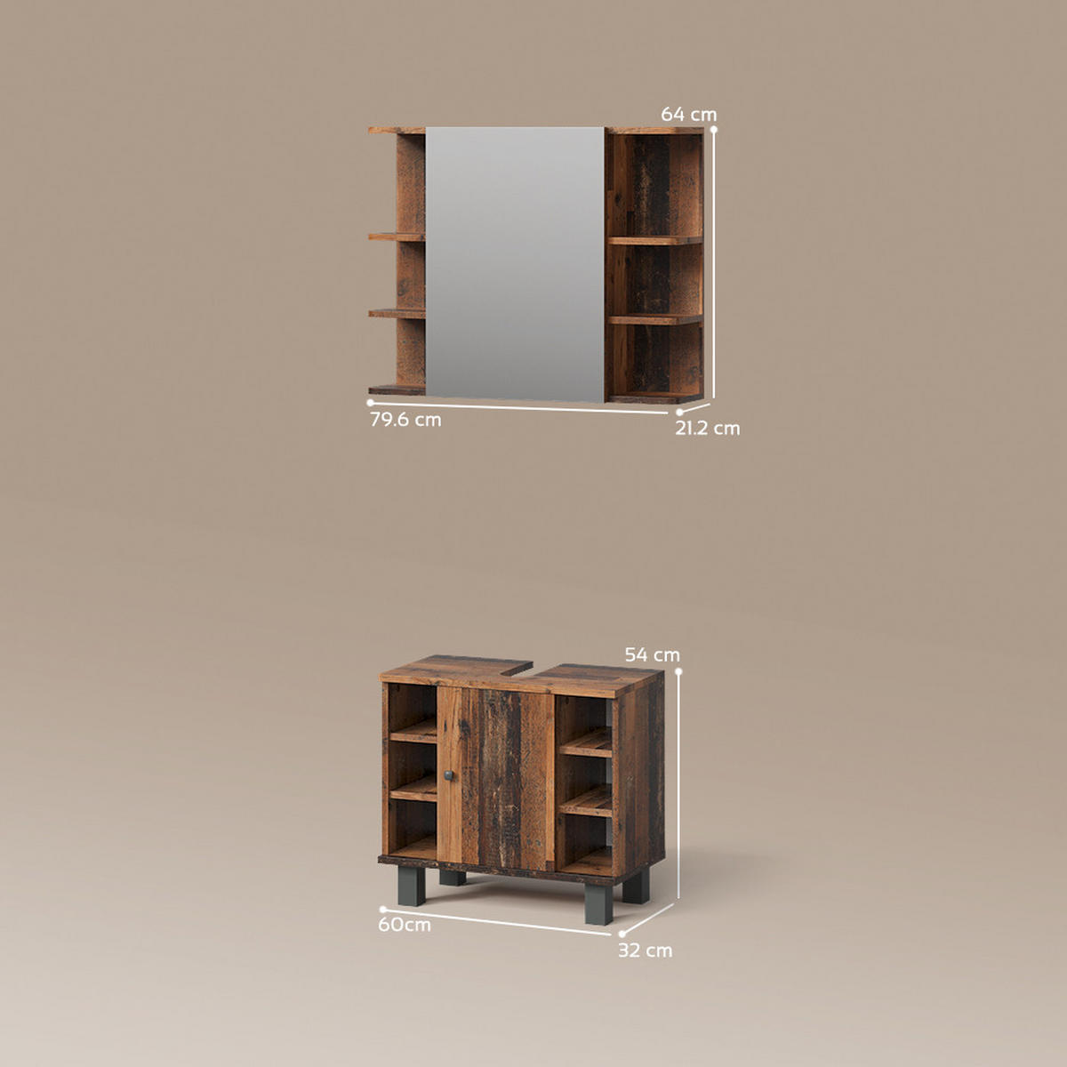 BADMÖBEL-SET Fucino Eiche rustikal 2 Teile - Wildeiche, Holzwerkstoff (80/64/32cm) - Livinity®