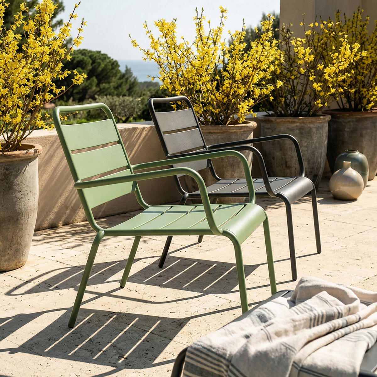 RELAXSESSEL MIT HOCKER 2-tlg., Grau/Kaktusgrünen - Grün, Metall (64/72/60cm) - Oviala
