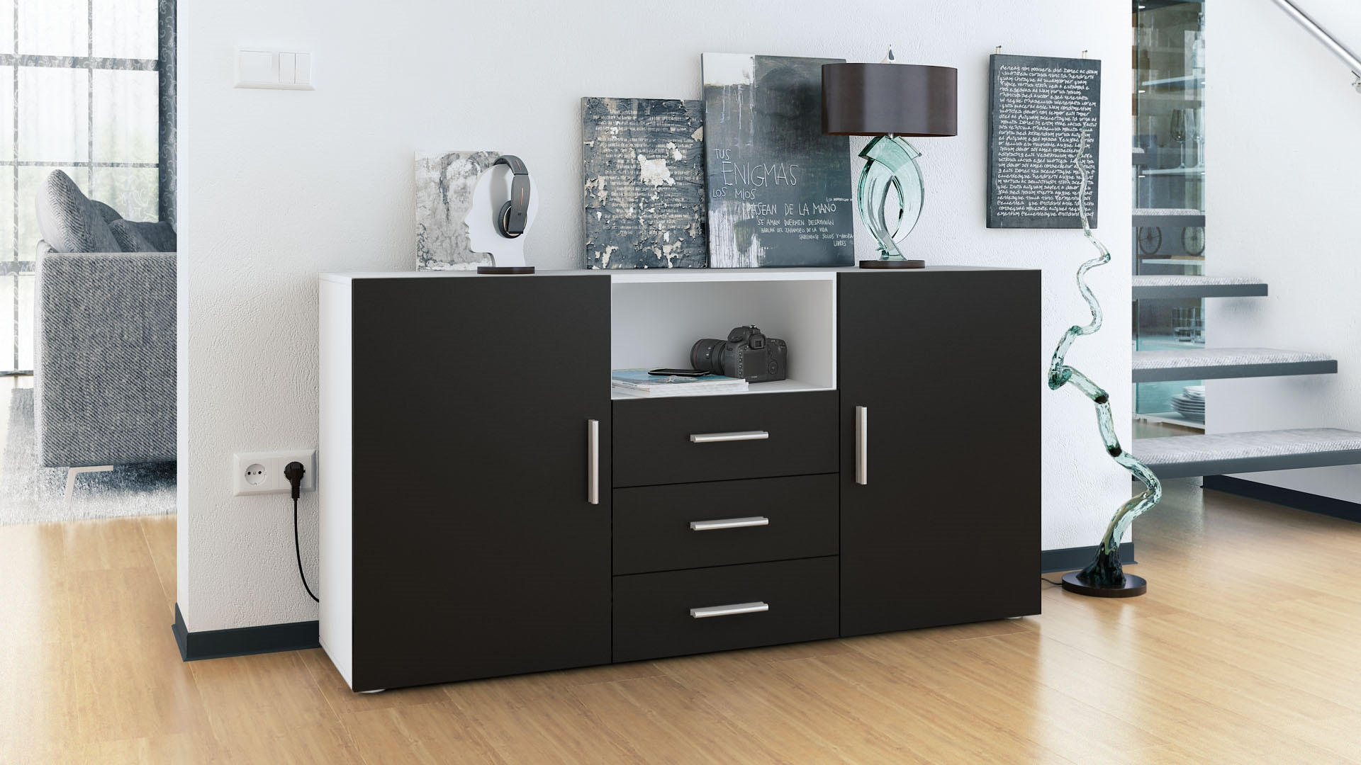 SIDEBOARD Skadu Front in Schwarz matt - Schwarz, Holzwerkstoff (138.5/71.5/35cm) - Vladon