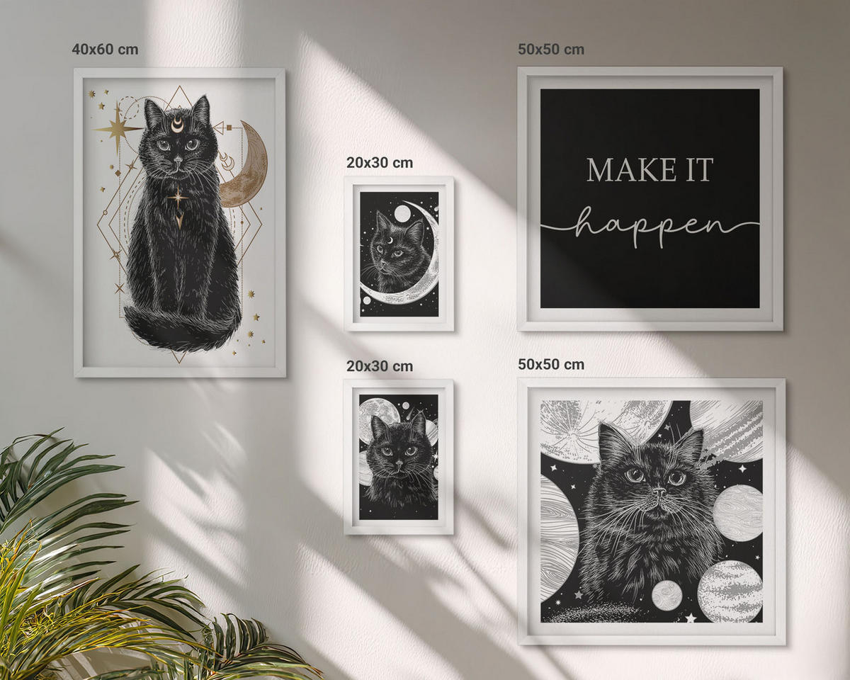 WANDBILDER 5er-Set - 50x50 cm & 20x30 cm & 40x60 cm Weißer Rahmen - Schwarze Katzen, Mond, Planet - Weiß, Kunststoff (40/60cm) - ArtPrintCave
