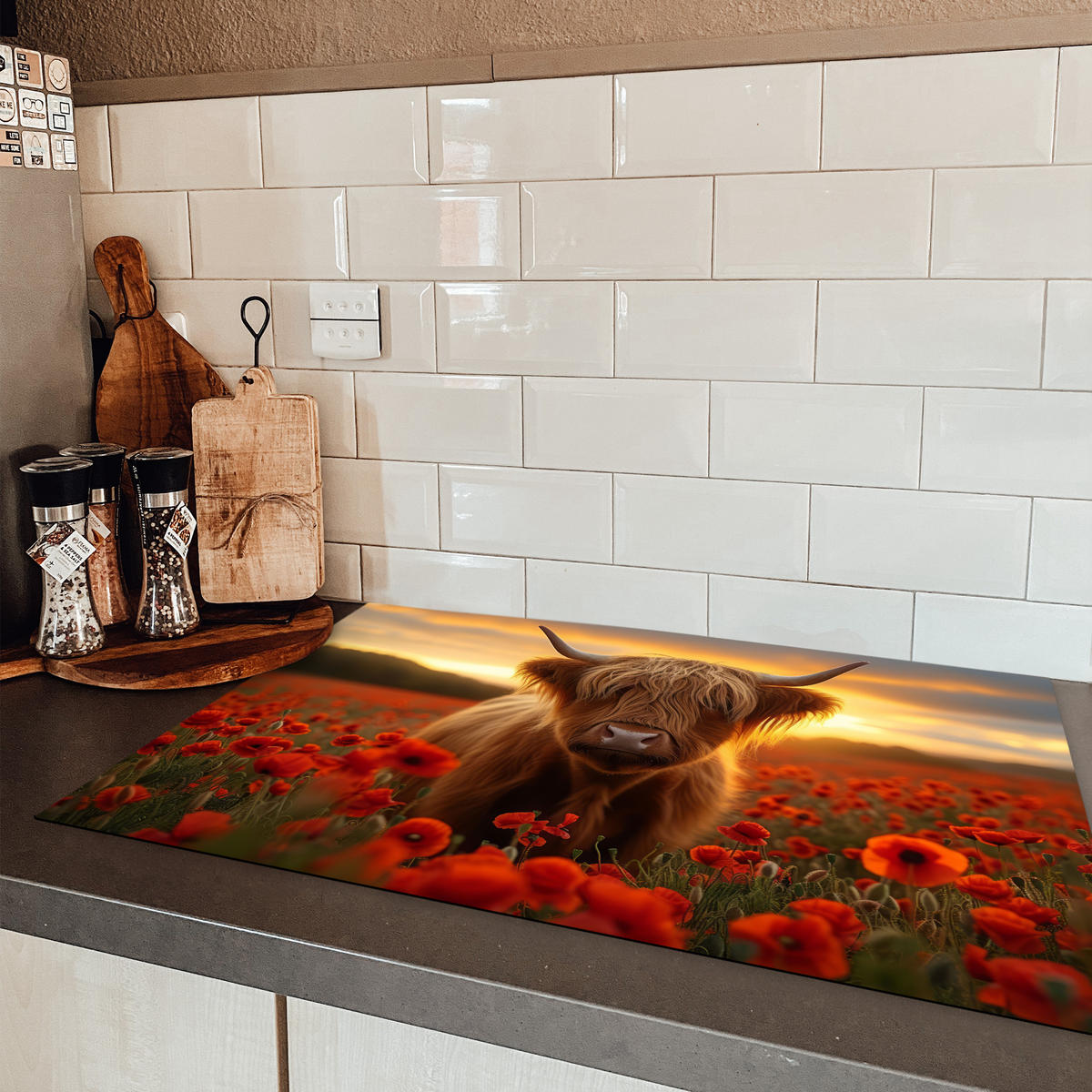 HERDABDECKPLATTE Schottische Highlander - Rosen - Blumenfeld - Sonnenuntergang Induktionsmatte 81x52 cm - Rotbraun, Kunststoff (81/52/0.2cm) - MuchoWow