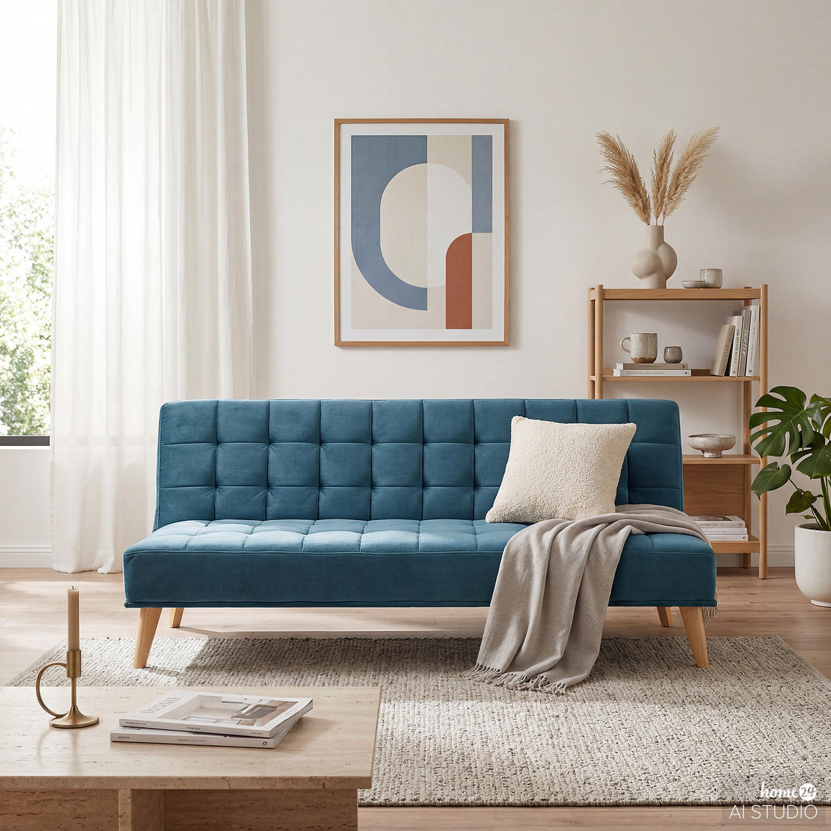 SCHLAFSOFA - Hellbraun/Dunkelblau, Holz/Birkenholz (180/81/86cm) - home24
