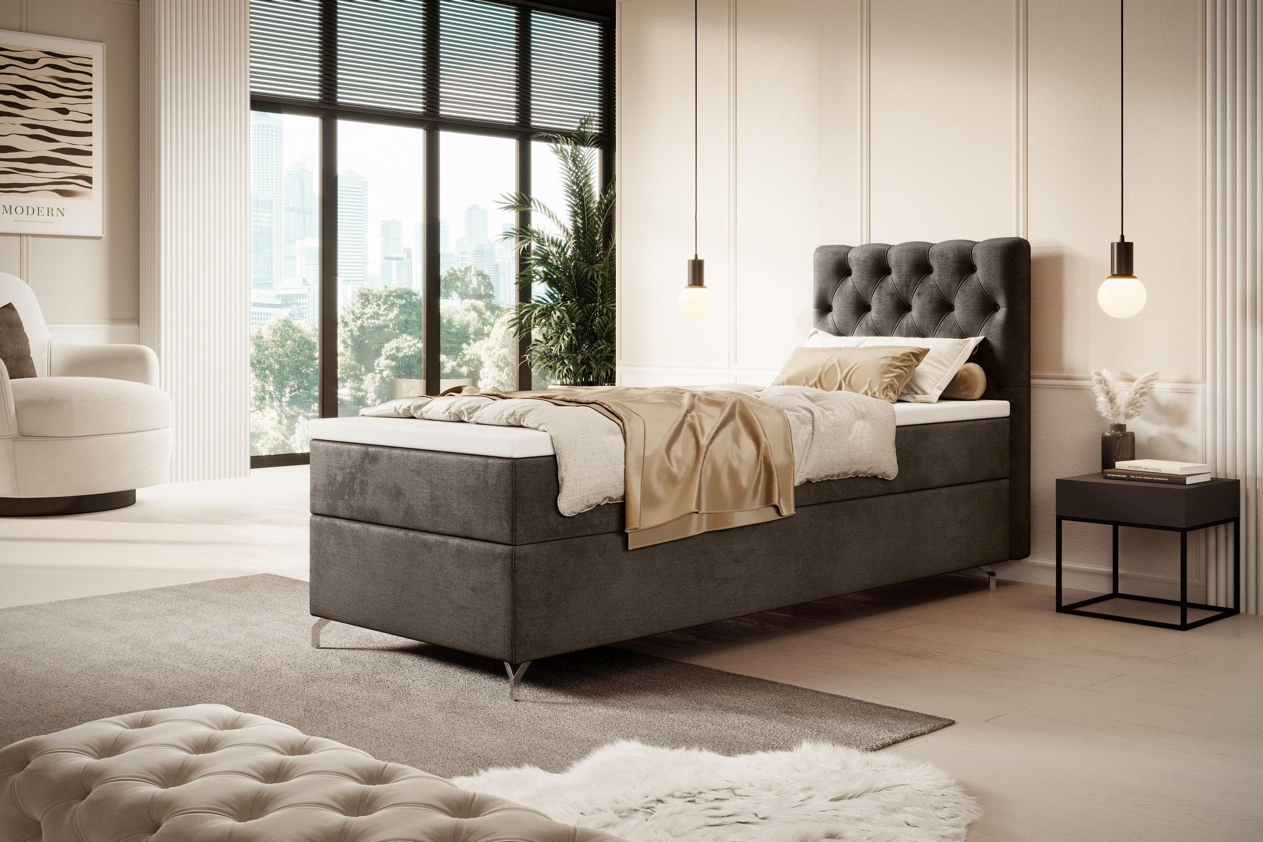 BOXBETT CHESTER P mit Matratze H3, Bonell und Topper 100x200 Monolith 15 - Braun, Textil (100/200cm) - Bedante