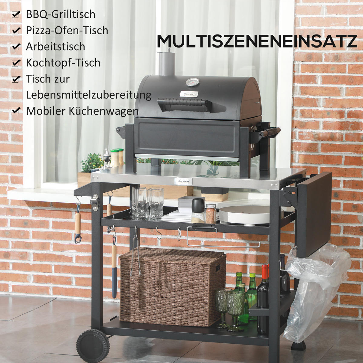 GRILLWAGEN, Edelstahl, Metall, Schwarz - Schwarz, Metall (68/84/125cm) - Outsunny