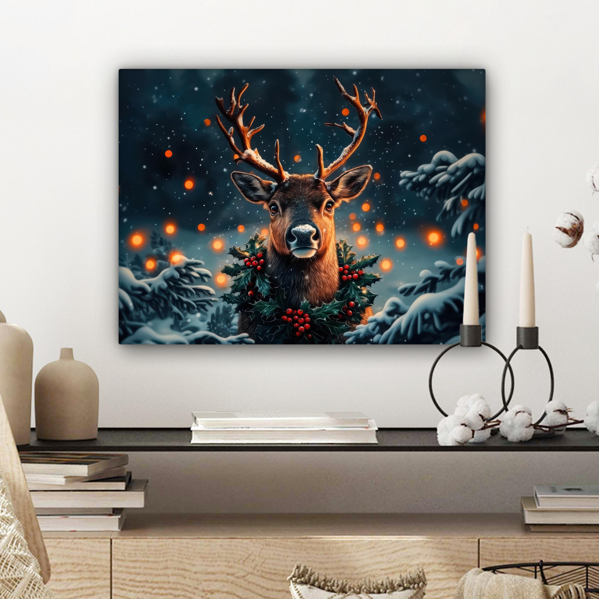 LEINWANDBILD Hirsch - Weihnachten - Winter - Schnee - Weihnachtskranz 40x30 cm - Dunkelbraun, Textil (40/30cm) - MuchoWow