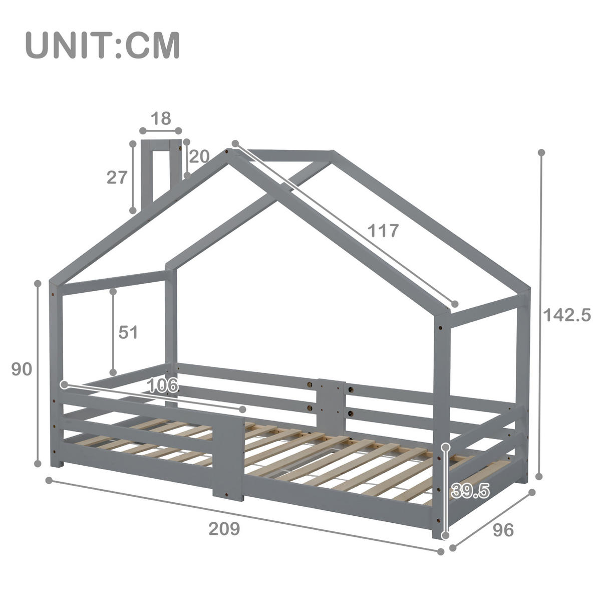 KINDERBETT 90/200 cm Grau aus Kiefernholz mit Rausfallschutz - Grau, Holz (90/200cm) - OKMYHOME