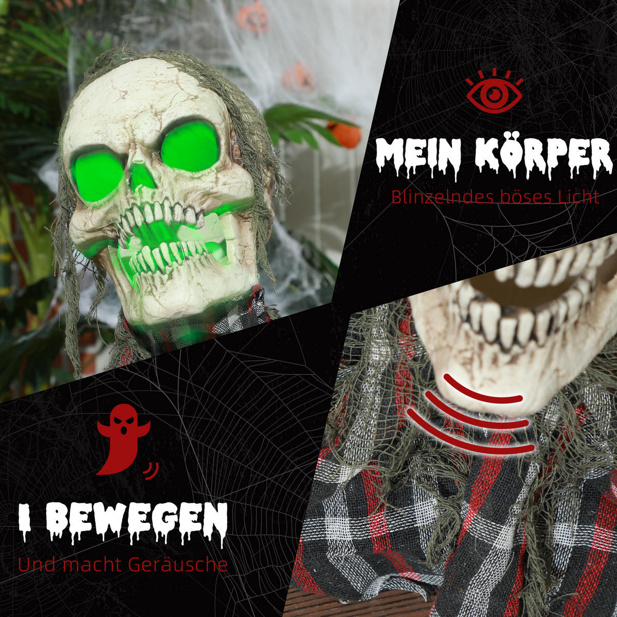 HALLOWEEN DECORATIONS 70cm Skelett Halbkörper Figur, Soundfunktion - Dunkelgrau, Kunststoff/Metall (40/70/16cm) - HOMCOM