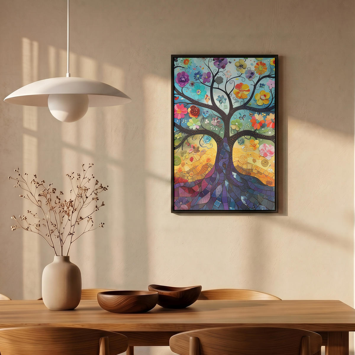 LEINWAND Bilder mit Rahmen - Kunst - Baum des Lebens - Blumen - Hippie - 40x60 - Dunkelblau, Textil (40/60cm) - MuchoWow