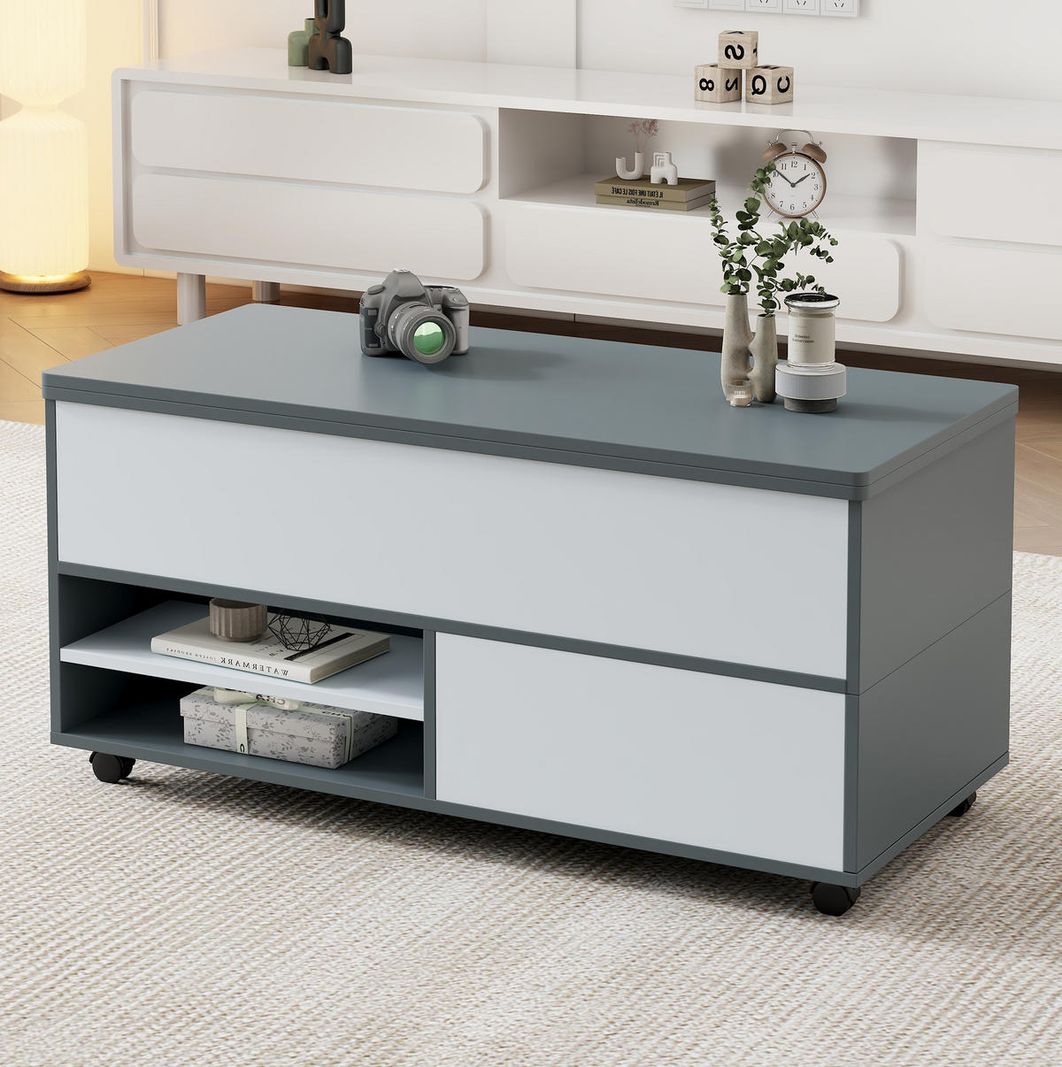 COUCHTISCH 100/98/65 cm grau/weiß aus Spanplatte höhenverstellbar - Grau, Holzwerkstoff (100/98/65cm) - OKMYHOME