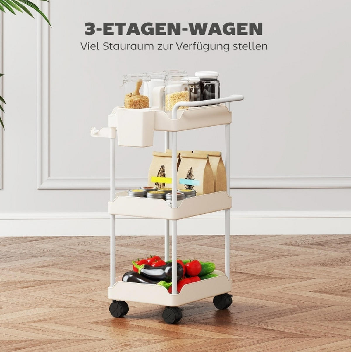 KÜCHENWOLLWAGEN 42x42.5x76cm Weiß mit 3 Kunststoff-Körben, Handtuchstange & Rollen - Weiß, Metall (42.5/76/42cm) - Modfu
