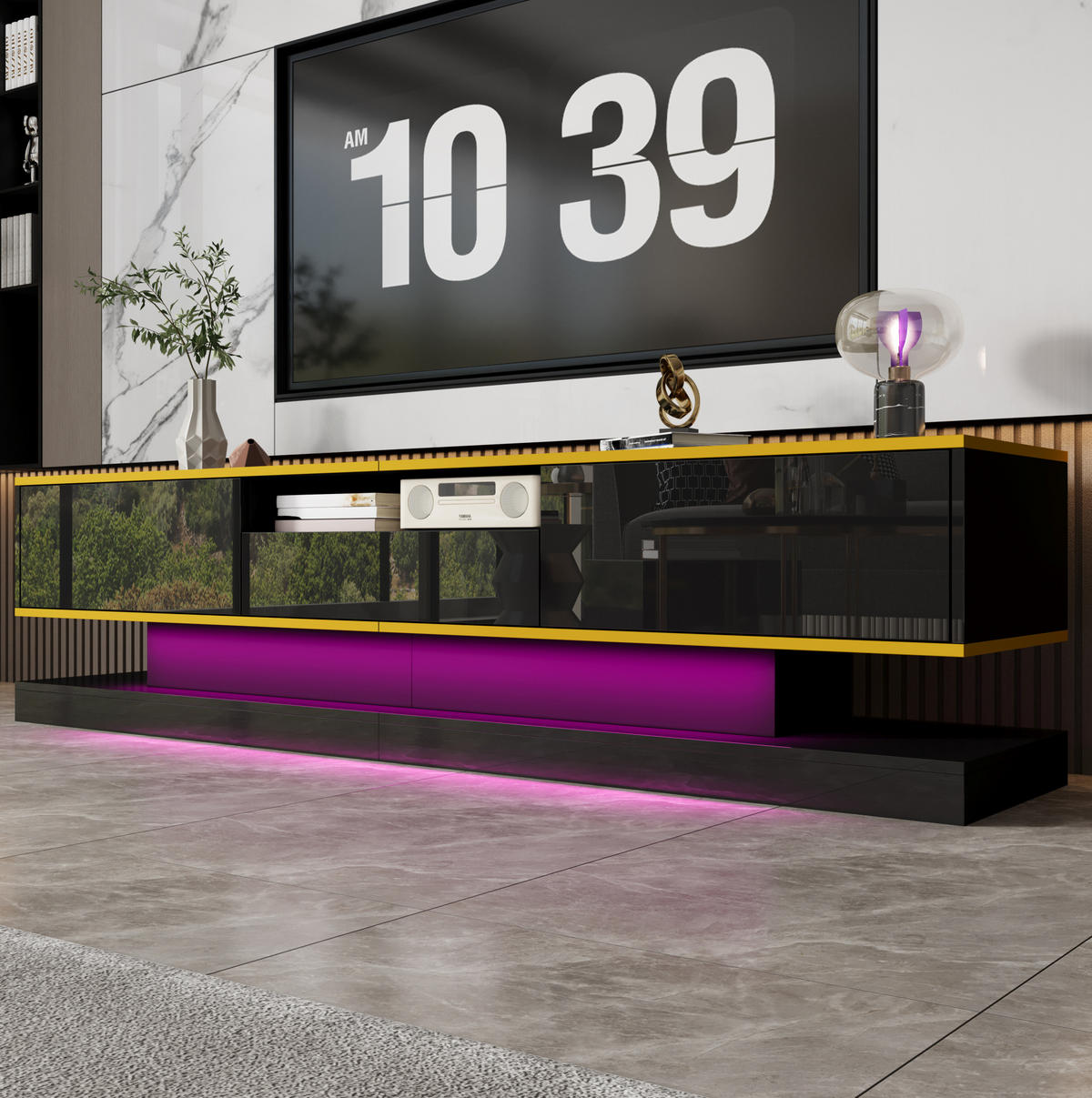 TV-SCHRANK aus Holzwerkstoff 180x38x45 cm Schwarz/Gold mit LED-Beleuchtung, Hochglanzoberfläche und 3 Schubladen - Schwarz, Holzwerkstoff (180/45/38cm) - Modfu