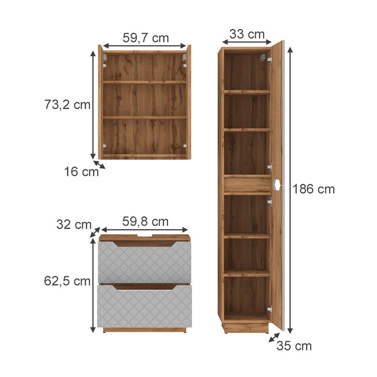 KOUPELNOVÝ NÁBYTEK Lotta Dub/šedá se strukturou dlaždic - šedá/barva dubu, kompozitní dřevo (59.8/62.5/32cm) - Vicco