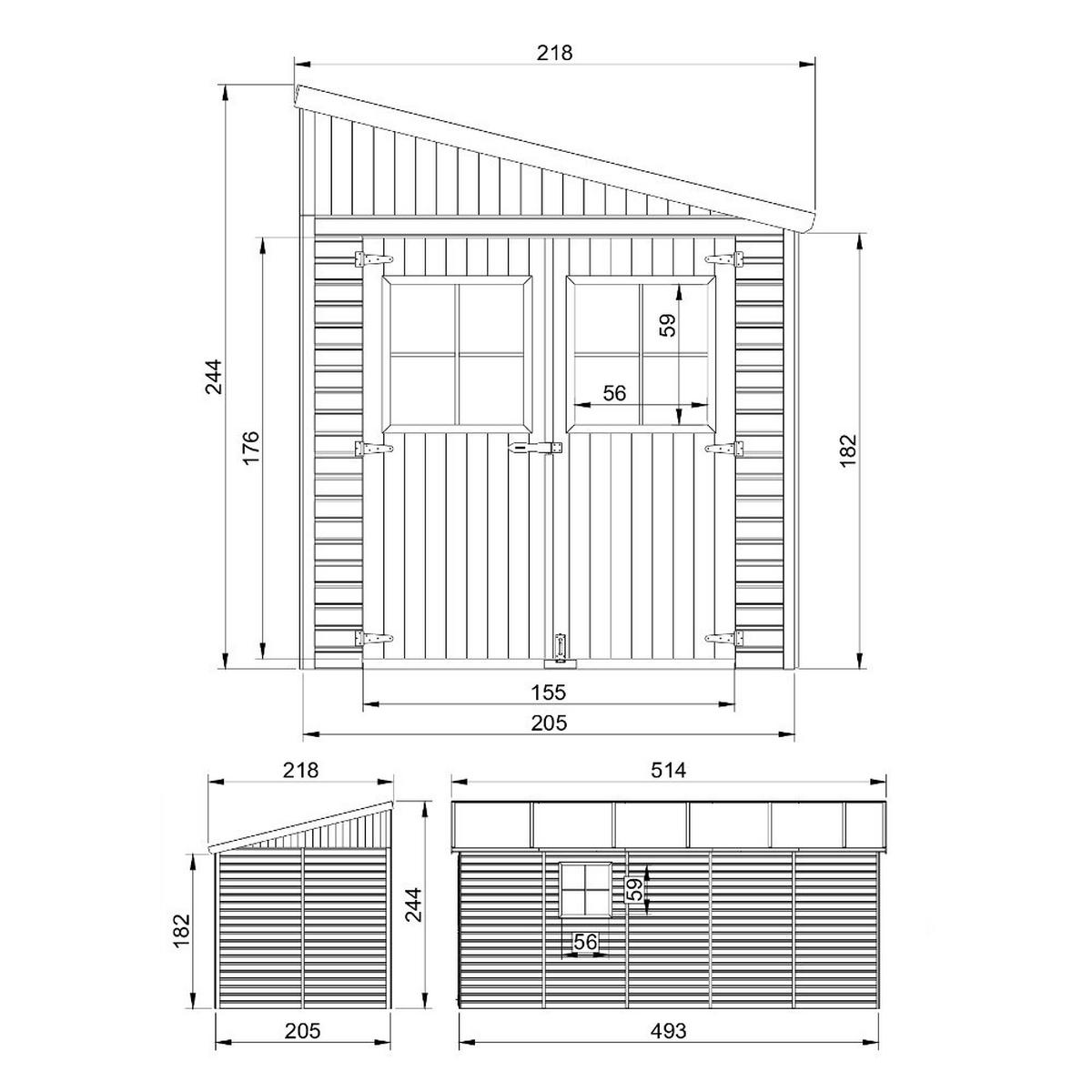 HOLZ-GARTHENHAUS (mit Seitenwand) MIT IMPRÄGNIERTEM BODEN - H244x216x514 cm/10,2 m2 - M341A+M341G - Beige, Holz (218/250/493cm) - Timbela