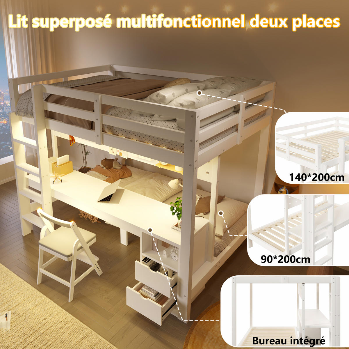 HOCHBETT 90/200 cm und 140/200 cm Weiß mit Schreibtisch, Schubladen und LED - Weiß, Holz (140/200cm) - MIVRAY