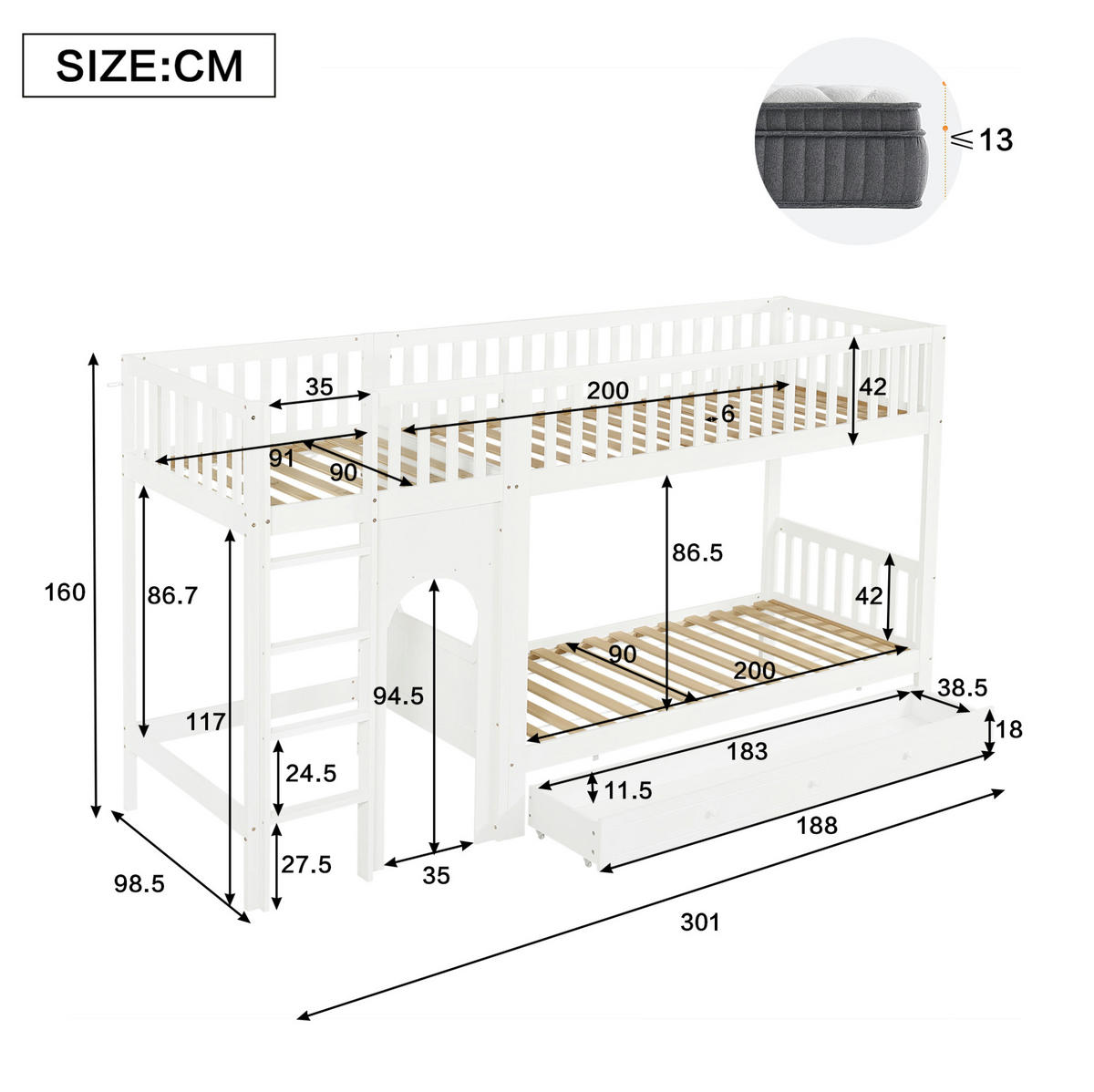 ETAGENBETT 90/200 cm aus Massivholz und MDF mit 4-stufiger Leiter und Rundum-Absturzschutz, Weiß/Natur - Weiß, Holz (90/200cm) - Redom