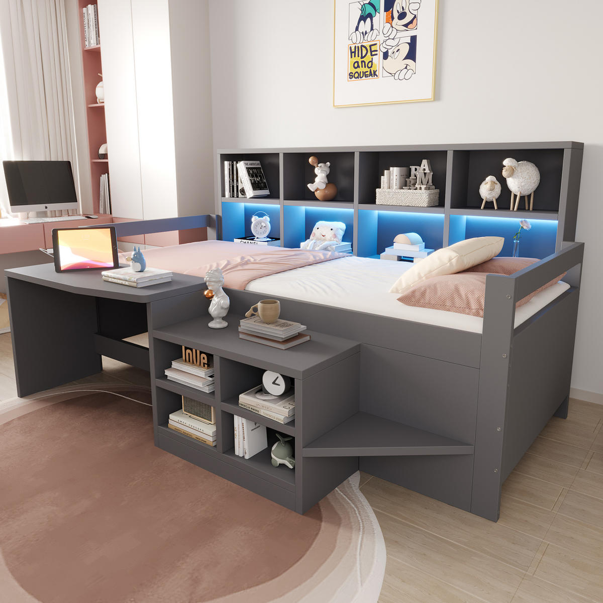 MULTIFUNKTIONSBETT 90x200 cm in Grau mit Schreibtisch, Stauraum und LED-Leiste - Grau, Holz (90/200cm) - IVMEU