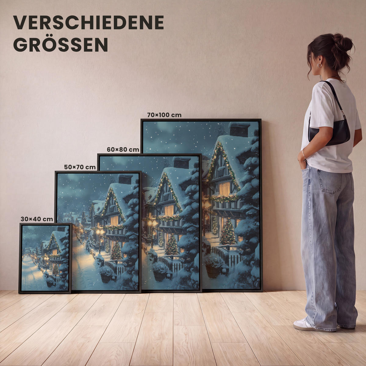 LEINWAND Bilder mit Rahmen - Weihnachtsdorf - Weihnachten - Schnee - Winter - 70x100 - Dunkelblau, Textil (70/100cm) - MuchoWow