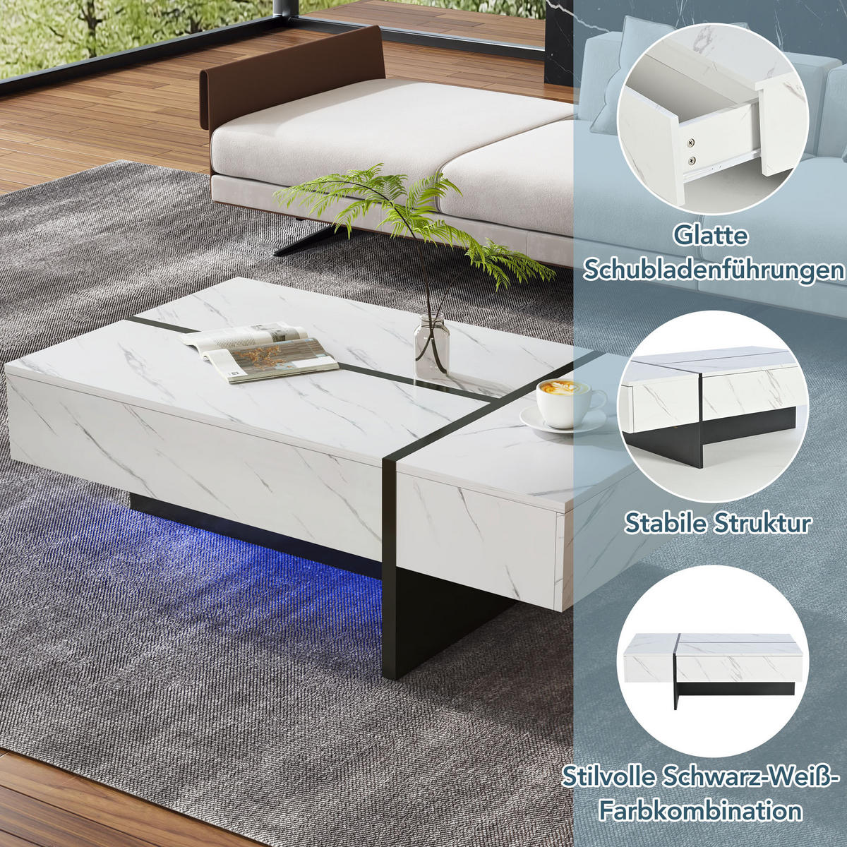 COUCHTISCH 105/60/35 cm weiß mit LED-Beleuchtung und Marmormuster - Weiß, Holzwerkstoff (105/60/35cm) - OKWISH