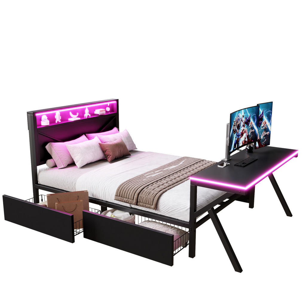 OKWISH PATROVÁ postel 140/200 cm černá z MDF a kovu s LED čelem, LED stolem a zásuvkami