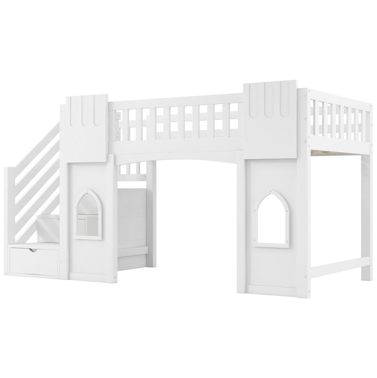 HOCHBETT 90/200 cm mit Stauraumtreppe, Fenstern und Rundum-Schutz, Weiß - Weiß, Holzwerkstoff (90/200cm) - Redom