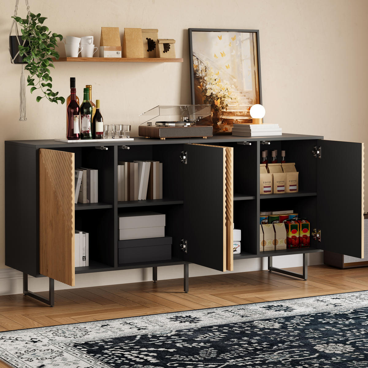 SIDEBOARD Holz Schwarz 4 Türen 160x40x75cm Vakuumform Stauraum - Naturfarben, Holzwerkstoff (40/75/160cm) - FLIEKS