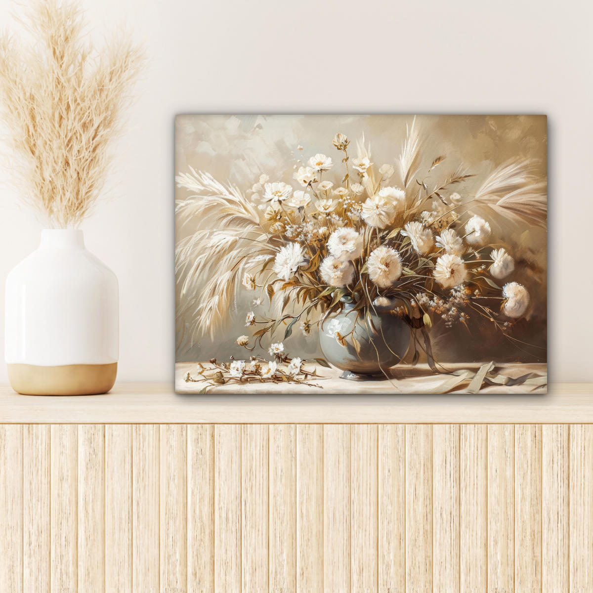 LEINWANDBILD Blumen - Vase - Stilleben - Beige Wandbild 40x30 cm - Creme, Textil (40/30cm) - MuchoWow