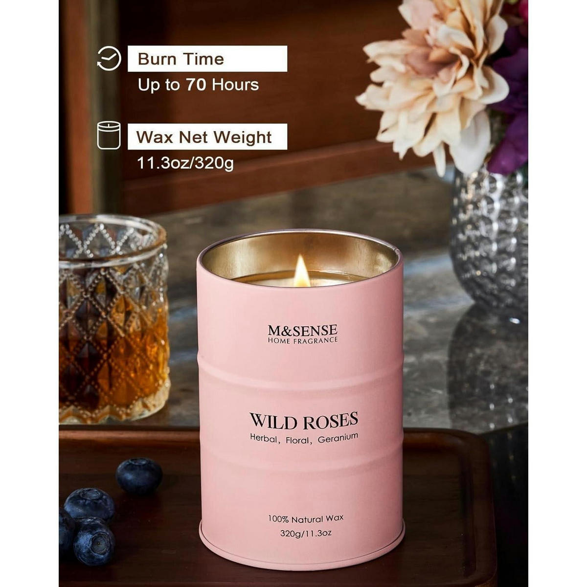 DUFTKERZE Wildrose 320g Sojawachs 70h Brenndauer - Rosa, Paraffin (10.5cm)