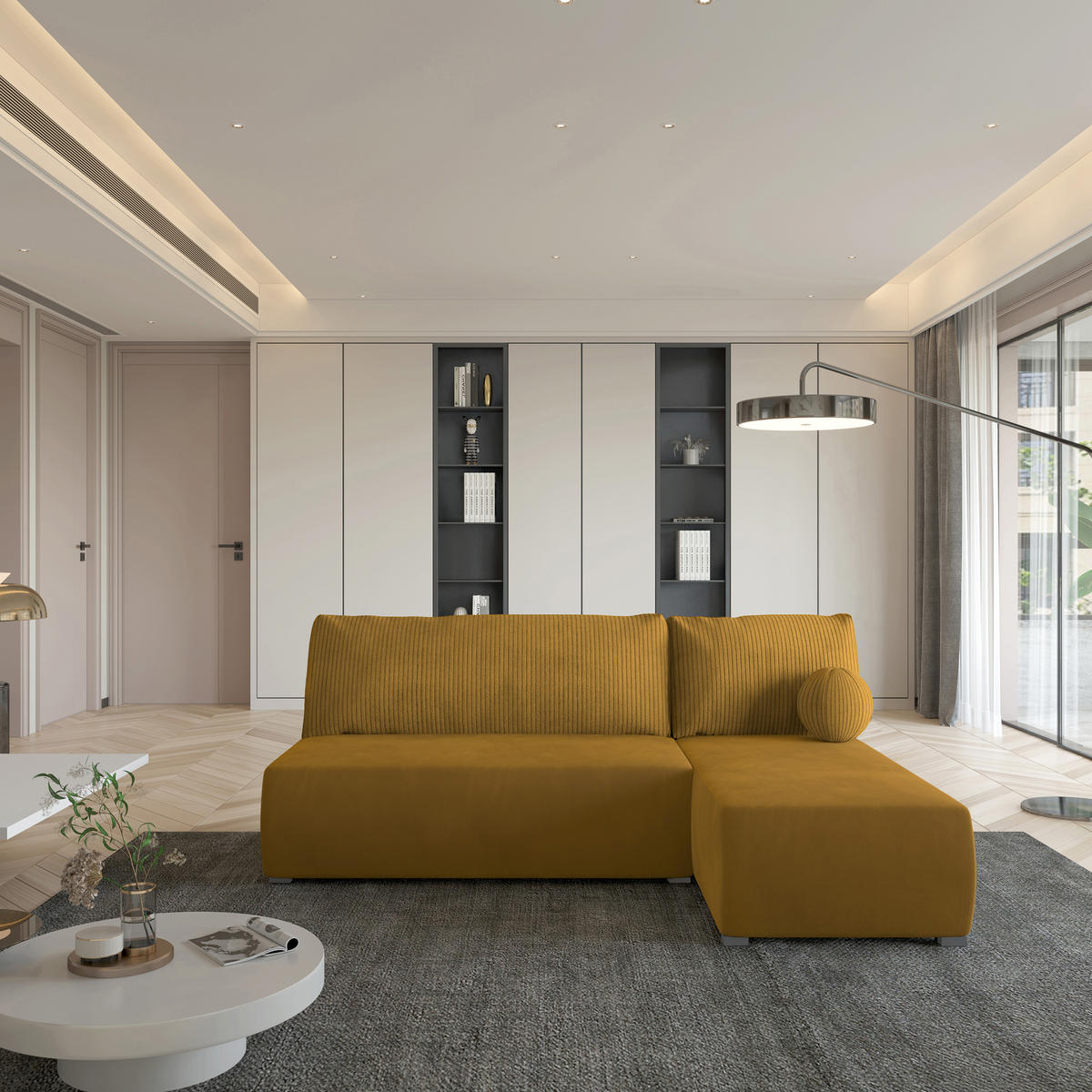 ECKSOFA PARVELO Gelb Plüsch-Stoff mit Schlaffunktion - Gelb, Holz (200/143cm) - MASSENO