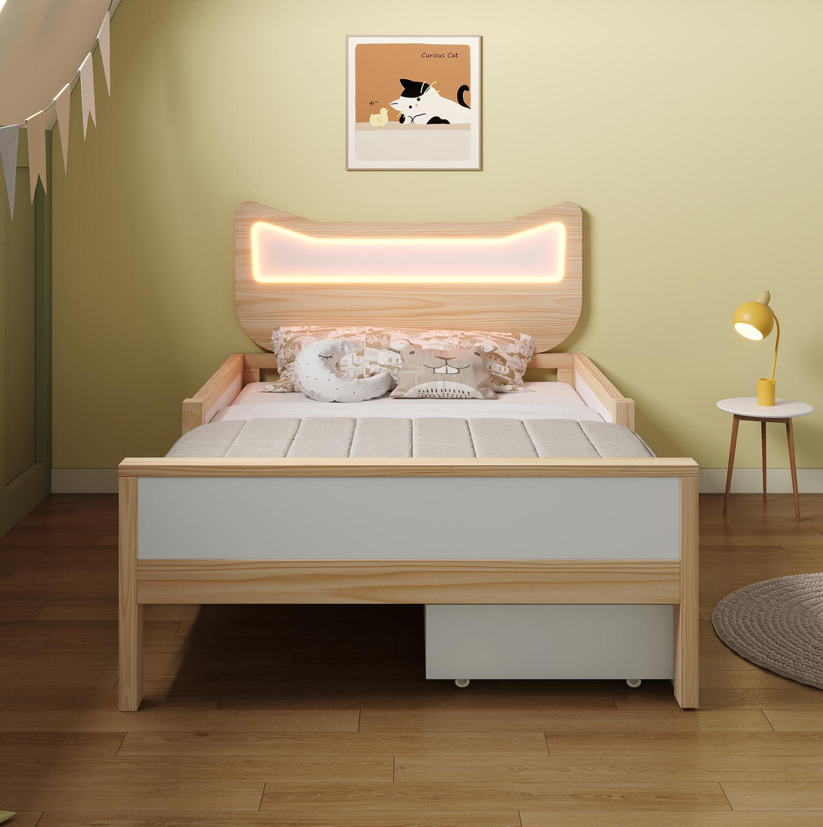 KINDERBETT 90/190 cm Weiß/Eiche mit RGB-LED, Schutzgitter, Schublade und Staufach - Naturfarben, Holz (90/190cm) - OKMYHOME
