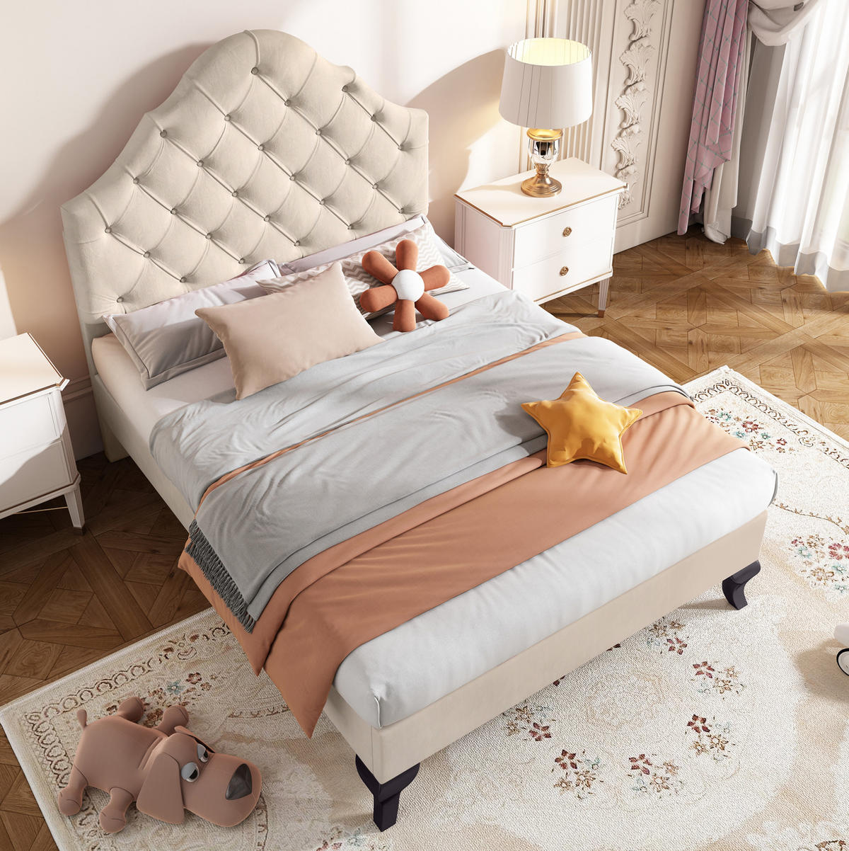 POLSTERBETT 90/200 cm aus Samt mit höhenverstellbarem Kopfteil Beige - Beige, Textil (90/200cm) - Modenvie