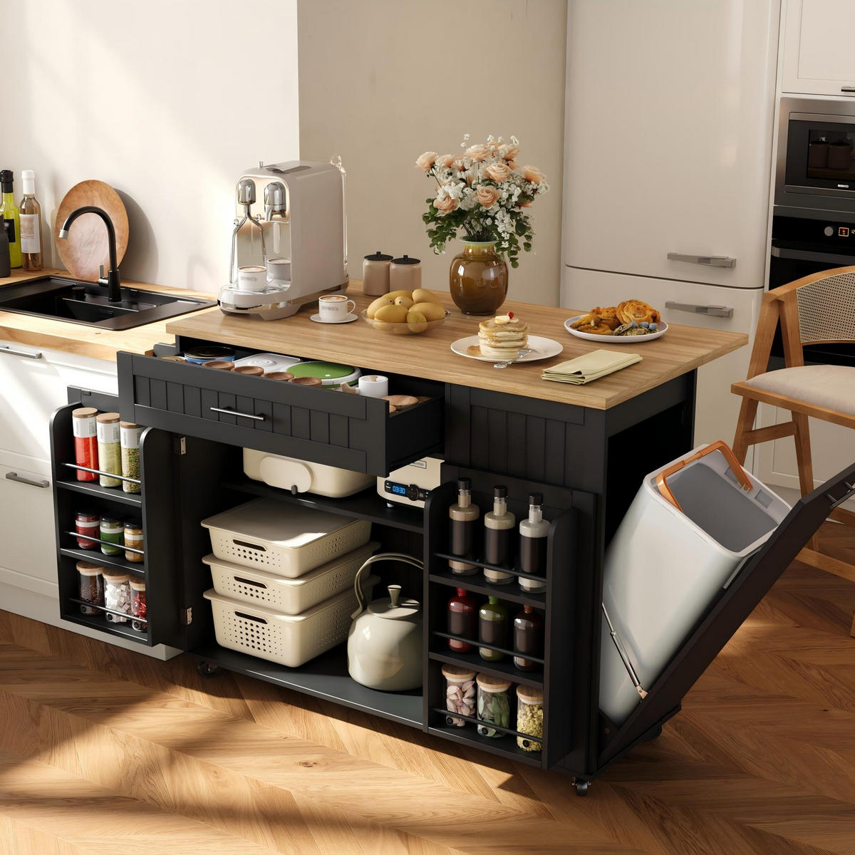 KÜCHENINSEL auf Rollen 130/45/93.3 cm Black mit klappbarer Arbeitsplatte, 1 Schublade und Mülleimerschrank - Schwarz, Holz/Holzwerkstoff (70/93/130cm) - Oxeza