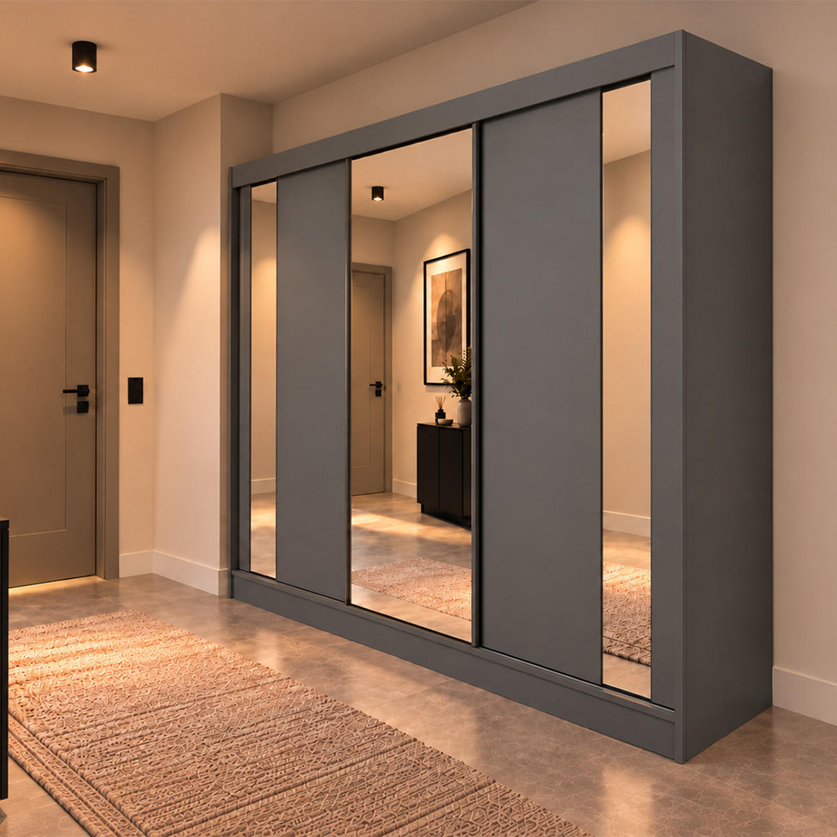 KLEIDERSCHRANK Gloria 240 cm Graphit Spiegel 4 Schubl. Griffe silber - Graphitfarben, Holzwerkstoff (240/216/61cm) - KS Home Concept
