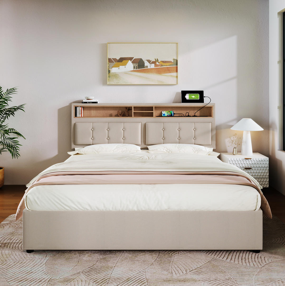 POLSTERBETT 160/200 cm Beige aus Leinen mit Stauraum und USB-C-Anschluss - Beige, Textil (160/200cm) - OKMYHOME