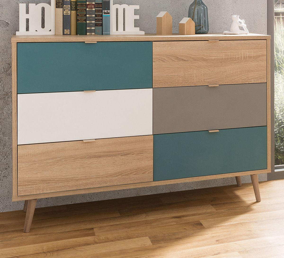 SCHUBLADENKOMMODE Eiche Sonoma, Petrol, weiß, grau, Kommode Tricolor skandinavisch - Eichefarben/Petrol, Holz/Holzwerkstoff (120/87/40cm) - Furn.Design