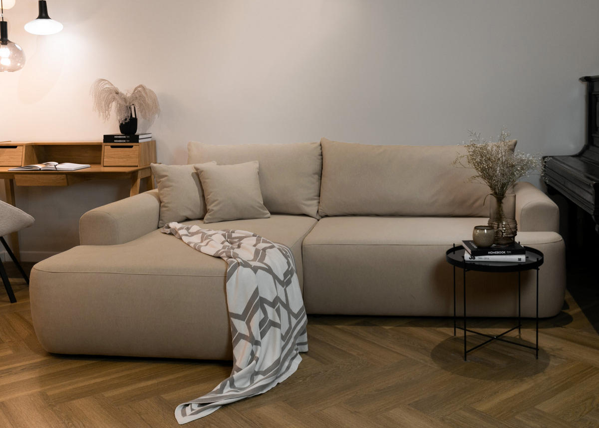 ECKSOFA Ovo Beige Velours - Beige/Schwarz, Kunststoff/Textil (260/165cm) - Selsey