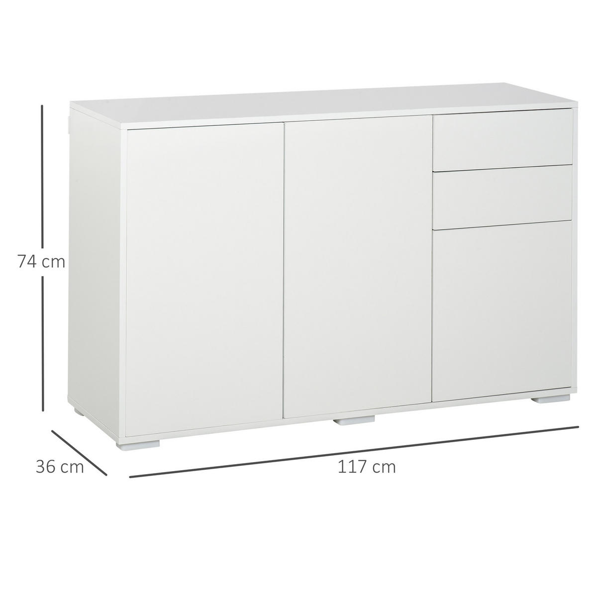 SIDEBOARD aus MDF 117x36x74 cm Weiß mit 2 Schubladen, höhenverstellbaren Einlegeböden und Druckmechanismus - Weiß, Holzwerkstoff (117/74/36cm) - IVMEU