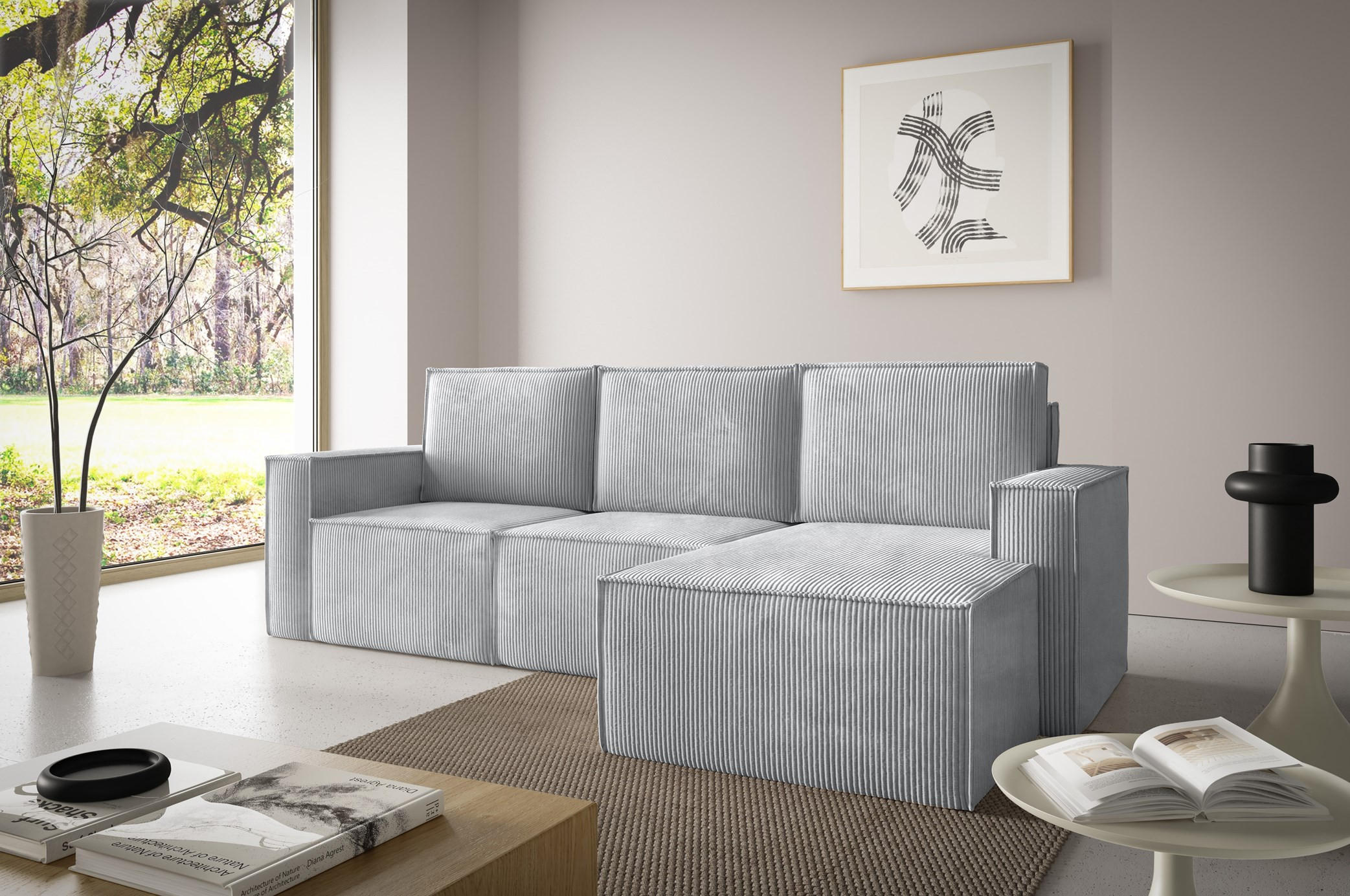 ECKSOFA Orto Hellgrau, Dreisitzer Kordecksofa rechte seite - Hellgrau, Holzwerkstoff/Textil (180/142cm) - Bettso