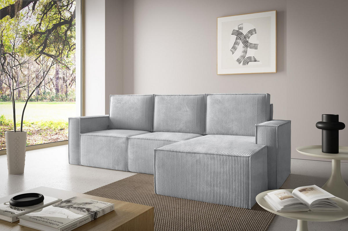 ECKSOFA Orto Hellgrau, Dreisitzer Kordecksofa rechte seite - Hellgrau, Holzwerkstoff/Textil (180/142cm) - Bettso