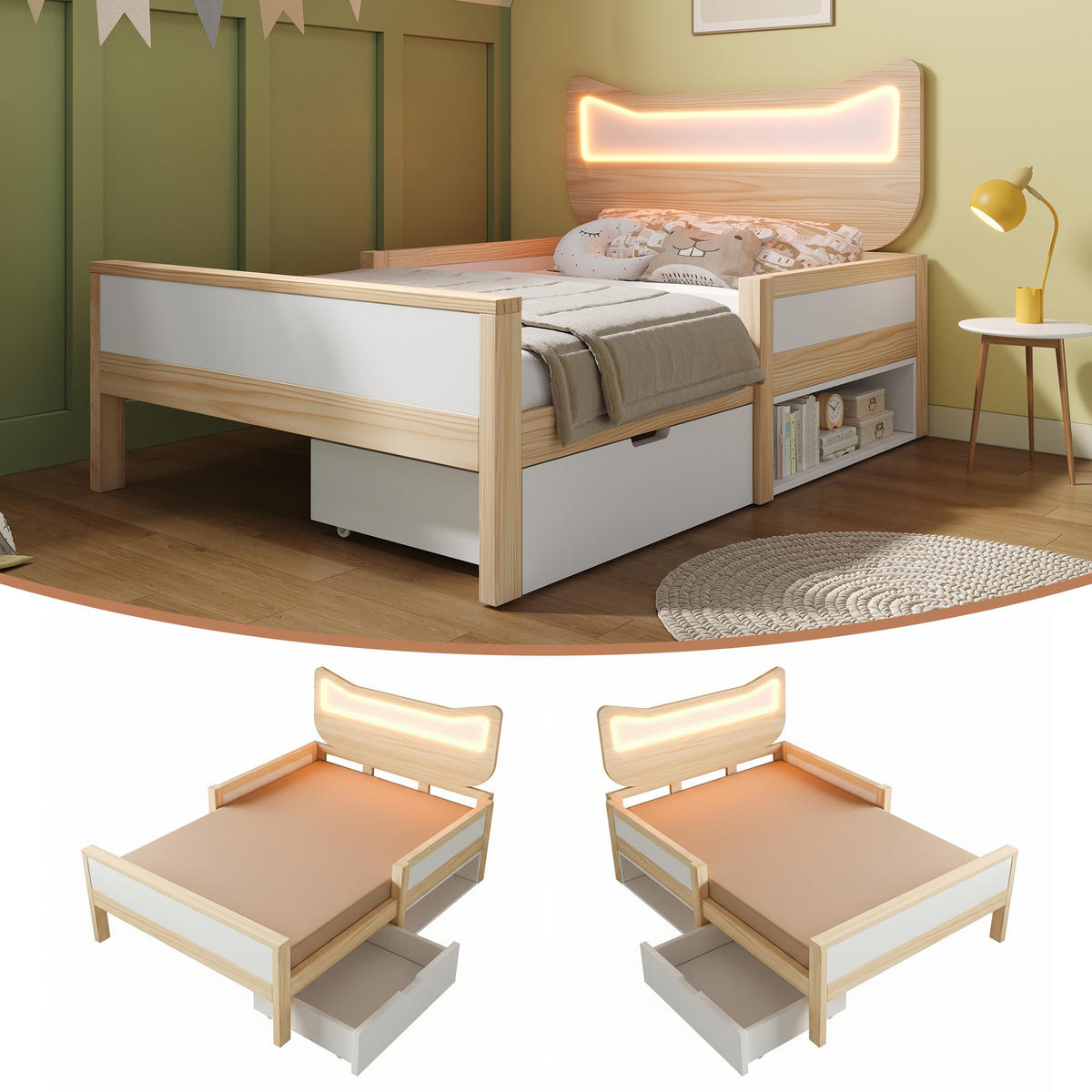 KINDERBETT 90/200 cm DE-00722, in Weiß & Eiche, LED Katzenohren und Schublade - Eichefarben, Holz (90/200cm) - ComfortXL