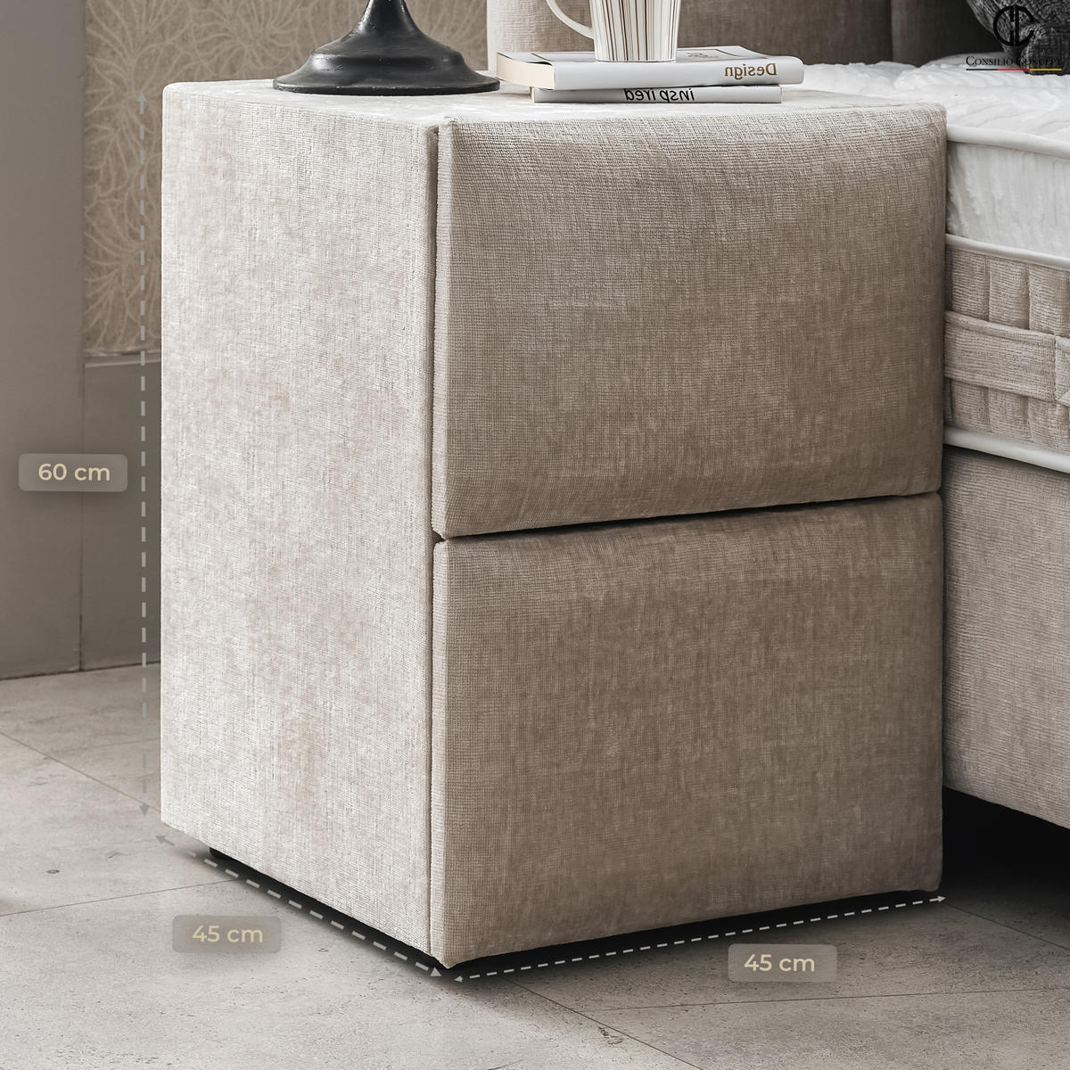 NACHTTISCH LISBOA 45/45/60 cm, Taupe, zwei Schubladen - Taupe/Schwarz, Holz/Kunststoff (45/60/45cm) - Consilio Concept