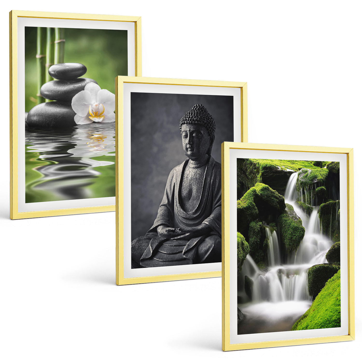 BILDER SET 3er Set - 40x60 cm Goldrahmen - Entspannende Zen-Wassermalerei - Goldfarben, Kunststoff (40/60cm) - TULUP