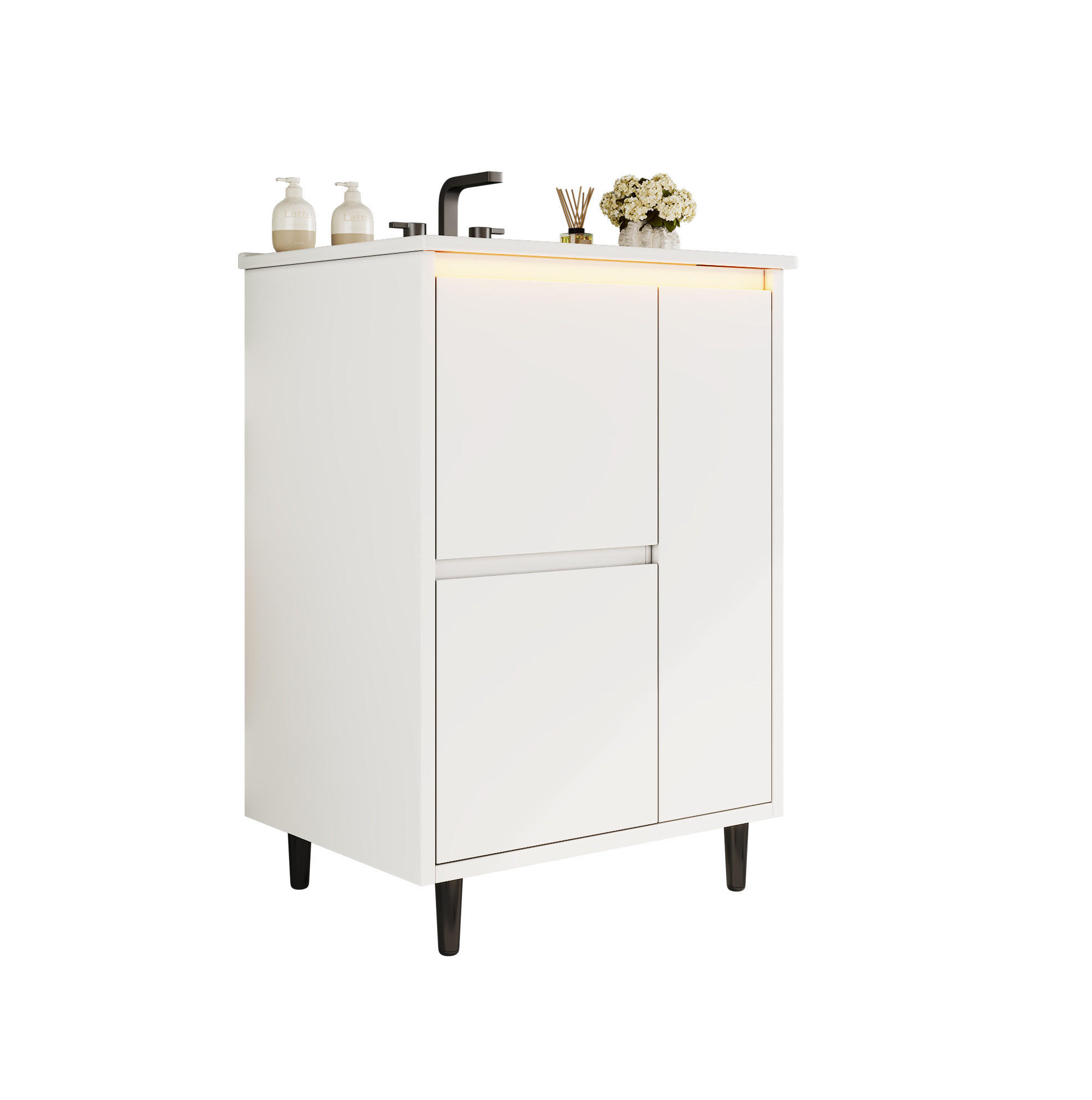 FREISTEHENDER Badezimmerwaschtisch aus MDF und Keramik 61x46,5x87 cm Weiß mit 2 Schubladen und Soft-Close - Weiß, Keramik (61/87/46.5cm) - Modfu
