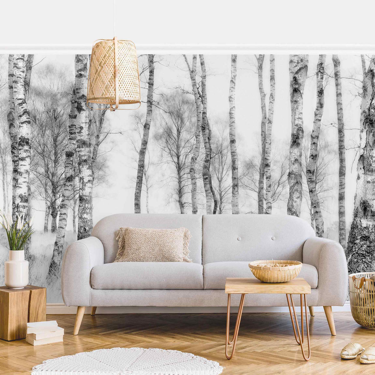 FOTOTAPETE Mystischer Birkenwald Schwarz-Weiß 336/225 cm - Schwarz, Papier (336/225cm) - Bilderwelten