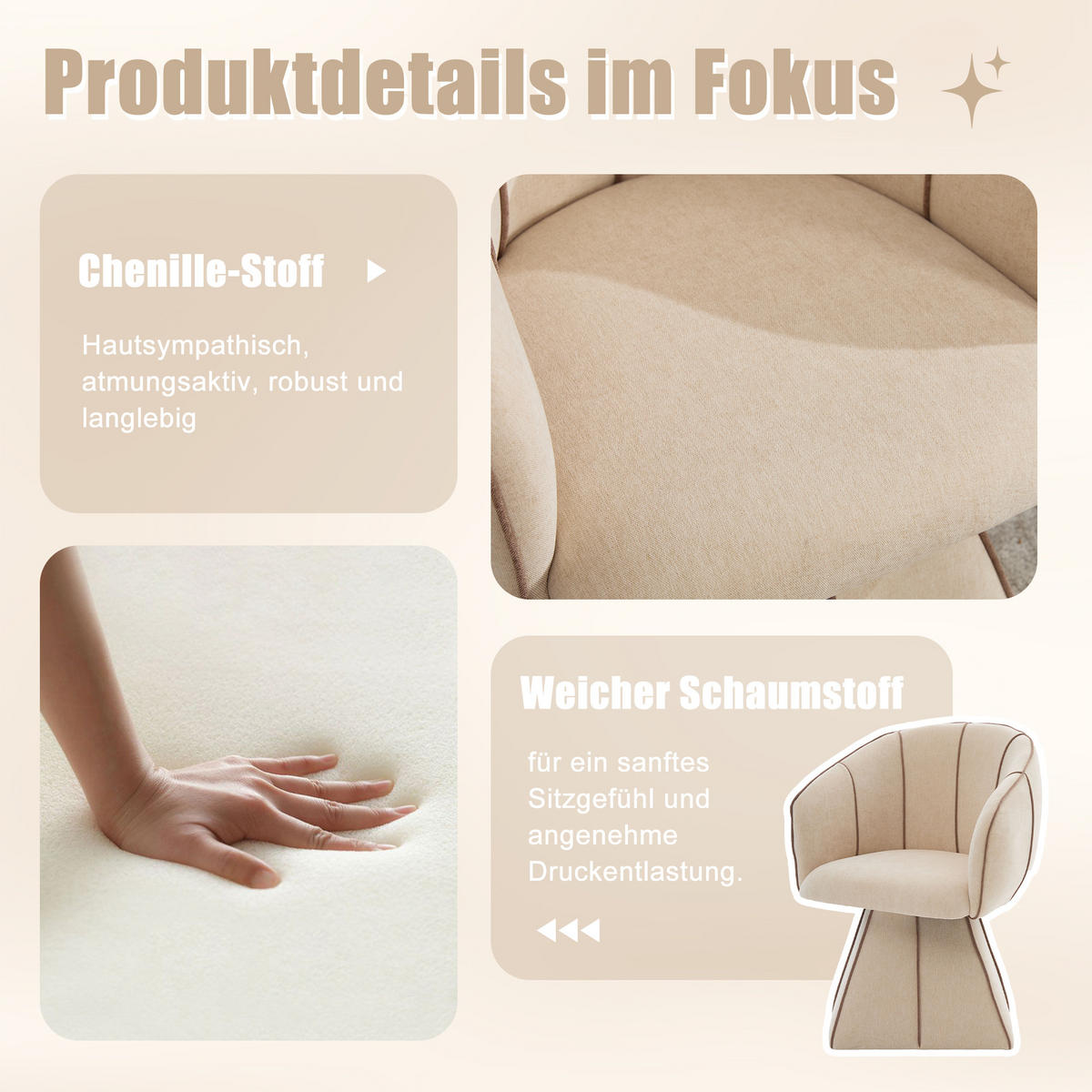 DREHSTUHL 360° Chenille Ergonomischer Sessel Wohnzimmer & Schlafzimmer - Sahara, Textil (56/74.5/54cm) - Urban Meuble