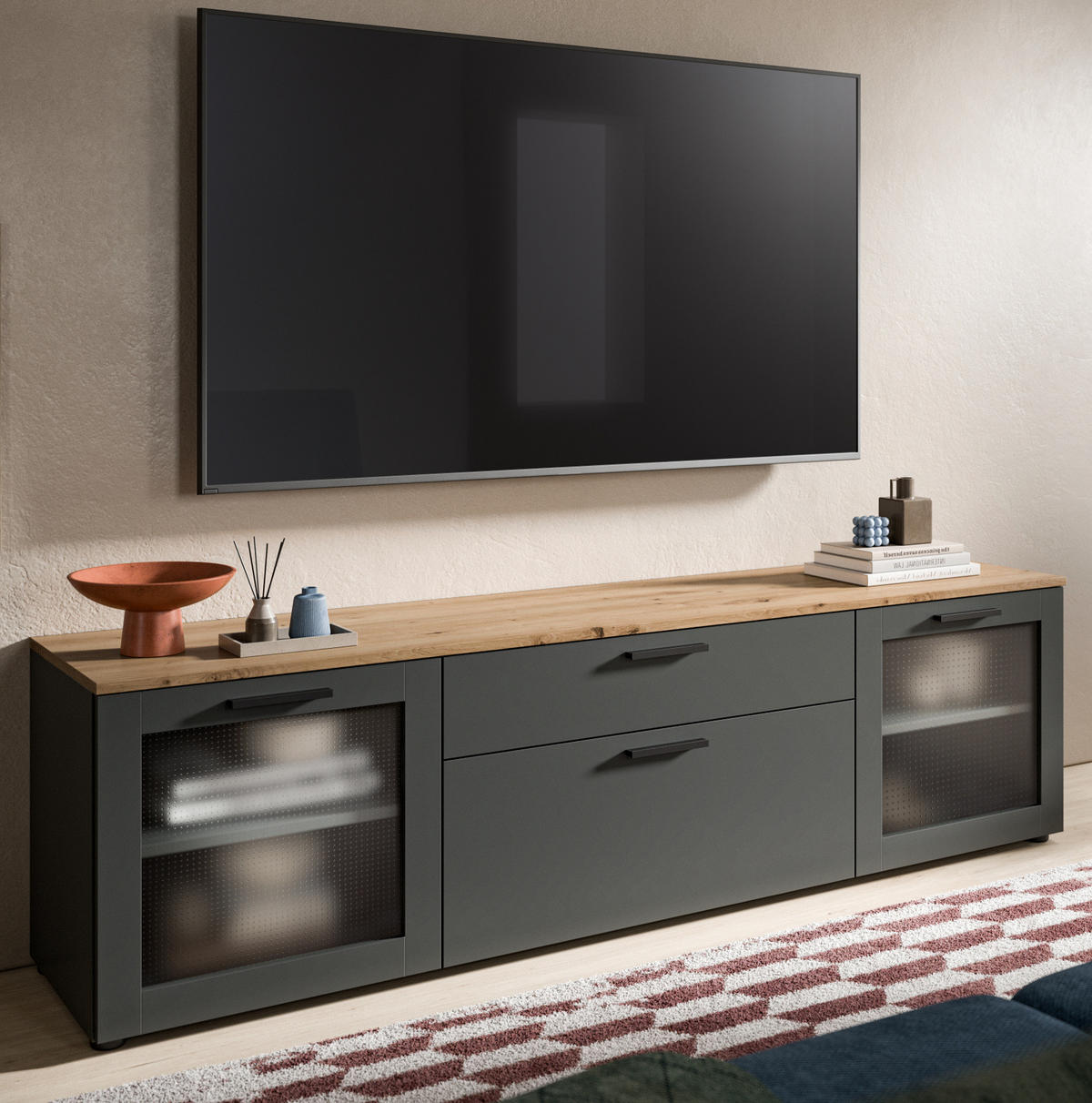 TV-LOWBOARD grau, Eiche 185 cm, TV-Unterteil mit Soft-Close - Schwarz/Eiche Artisan, Glas/Holzwerkstoff (185/52/40cm) - Inn.Furn