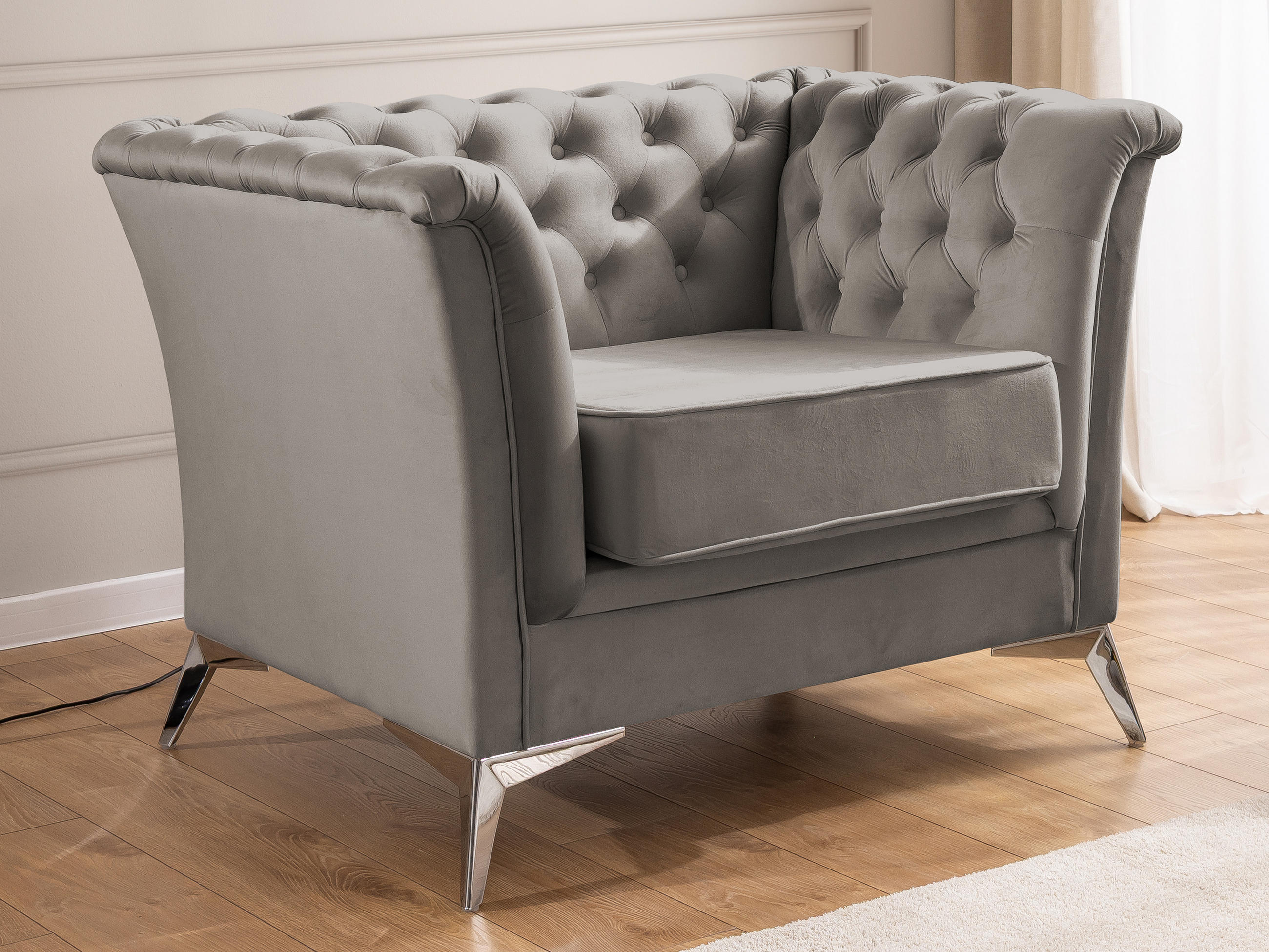 CHESTERFIELD-SESSEL Whitby Grau Samt mit silbernen Füßen - Silberfarben/Grau, Holz/Textil (116/78/82cm) - S-Style Möbel