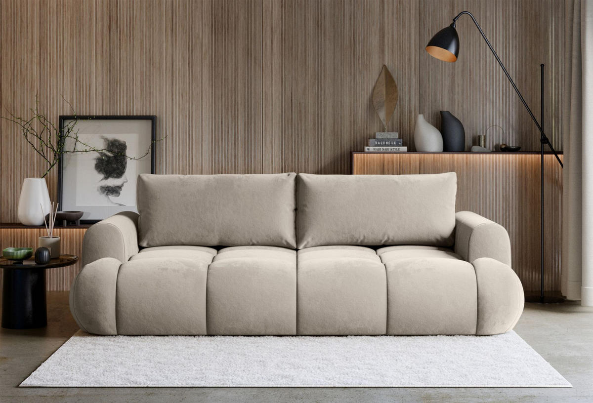 3-SITZER SOFA Ombo Doce Beige wasserabweisender Samt - Beige/Schwarz, Kunststoff/Textil (250/92/110cm) - Selsey