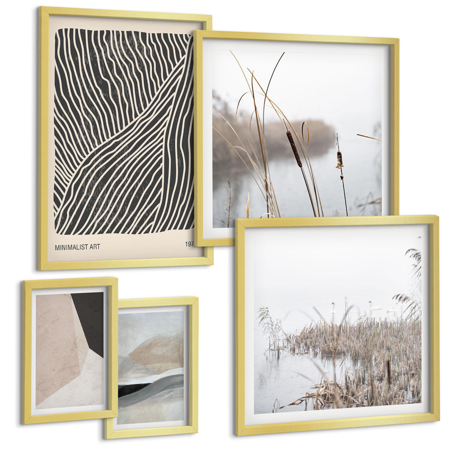 BILDER SET 5er Set - 50x50 cm & 20x30 cm & 40x60 cm Goldrahmen - Abstrakte Boho-Dekorationsmuster - Goldfarben, Kunststoff (40/60cm) - TULUP