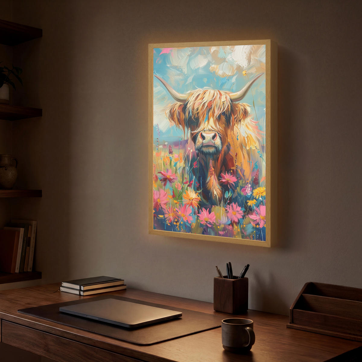 NÁSTĚNNÁ LAMPA S AKUMULÁTOREM Skotský horal - Příroda - Barevné - Květiny 40x60 cm - různobarevná, kompozitní dřevo (40/60/8cm) - OnlyWow