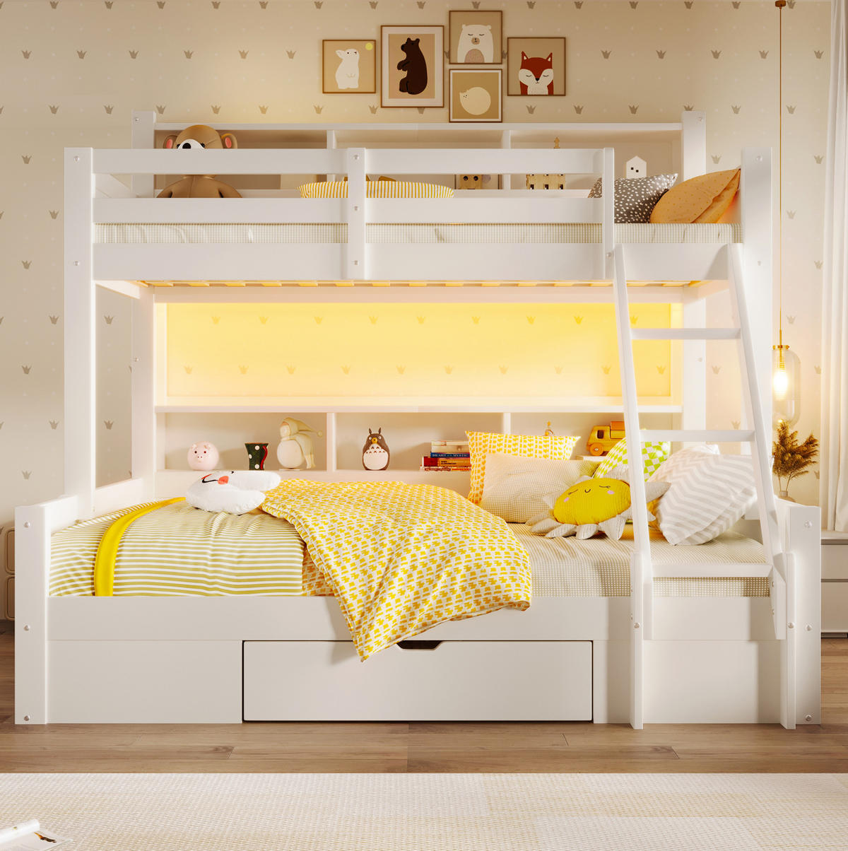 ETAGENBETT aus Kiefer 90x200/140x200 cm Weiß mit LED-Beleuchtung, offenen Fächern, Schublade und variabler Leiter - Weiß, Holzwerkstoff (90/200cm) - Modfu